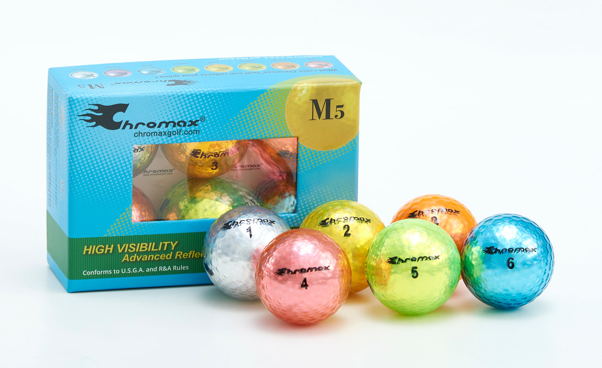 Chromax Golfbälle Metallic M5 – 6 Stück, Bunt, USGA-konform, 75 Compression, Große Dellen Chromax Golfbälle Metallic M5 – 6 Stück, Bunt, USGA-konform, 75 Compression, Große Dellen